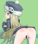  ass bad_id bad_pixiv_id bent_over blonde_hair bottomless censored character_censor gunner hat jack_frost long_hair no_panties novelty_censor pussy_juice sekaiju_no_meikyuu solo ume_(datsuryokugen) 