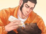  1boy animal artist_name bear beard black_hair bottle cub drinking facial_hair golden_kamuy holding holding_animal long_sideburns looking_at_animal male_focus milk_bottle nopinzo orange_shirt shirt short_hair sideburns simple_background solo tanigaki_genjirou thick_eyebrows upper_body 