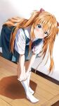  1girl bangs blue_eyes blue_skirt blush eyebrows_visible_through_hair hair_between_eyes highres indoors interface_headset kneehighs leaning_forward long_hair looking_at_viewer neon_genesis_evangelion no_shoes orange_hair pentagon_(railgun_ky1206) pleated_skirt putting_on_legwear red_ribbon ribbon shadow short_sleeves sidelocks skirt solo souryuu_asuka_langley two_side_up white_legwear wooden_floor 