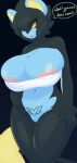  anthro areola big_breasts black_background blue_body bottomless breasts cleavage clothed clothing dullyarts english_text female genitals hi_res luxray markings mole_(marking) nintendo pok&eacute;mon pok&eacute;mon_(species) pussy simple_background solo text video_games 