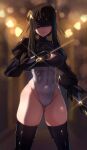  1girl absurdres ass_visible_through_thighs backlighting bangs black_hair black_legwear black_leotard blindfold blurry blurry_background breasts cleavage closed_mouth cosplay covered_navel cowboy_shot dagger dual_wielding flower glint gold_hairband groin hair_flower hair_ornament highleg highleg_leotard highres hinghoi holding holding_dagger holding_weapon knife large_breasts leotard long_hair long_sleeves nier_(series) nier_automata rose short_hair_with_long_locks sidelocks skindentation solo spikes spy_x_family stiletto_(weapon) thighhighs thighs two-tone_leotard weapon white_leotard yor_briar yorha_no._2_type_b yorha_no._2_type_b_(cosplay) 