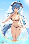  1girl ahoge aile_(crossroads) artist_name ass_visible_through_thighs bangs beach bikini black_bikini blue_hair blue_sky blush breasts cleavage cloud collarbone eyebrows_visible_through_hair ganyu_(genshin_impact) genshin_impact highres horns large_breasts long_hair looking_at_viewer navel open_mouth purple_eyes sidelocks sky smile solo swimsuit thigh_gap thighs very_long_hair 