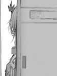  1girl absurdres arknights dragon_horns english_text greyscale highres horns monochrome nian_(arknights) open_door simple_background solo tab_head upper_body white_background 