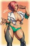  1girl abs absurdres angel_(kof) angel_(kof)_(cosplay) ass_visible_through_thighs black_legwear breasts brown_gloves chaps cleavage collarbone cosplay cropped_jacket dark-skinned_female dark_skin english_commentary fanning_face fingerless_gloves fingernails forehead_jewel giovanna_(guilty_gear) gloves green_eyes green_panties guilty_gear guilty_gear_strive hair_over_one_eye highres hot jacket joe_shimamura large_breasts lips navel no_bra nose open_clothes open_jacket panties red_hair short_hair sleeves_pushed_up solo suspenders sweat the_king_of_fighters thick_thighs thighs underwear white_jacket zipper_pull_tab 
