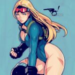  1girl alternate_hairstyle backpack bag black_gloves blonde_hair blue_eyes blue_leotard bodypaint breasts cammy_white cleavage clenched_hand english_commentary gloves goggles goggles_on_head hair_down highleg highleg_leotard knee_pads large_breasts leotard long_hair official_alternate_costume plunging_neckline popped_collar scar scar_on_cheek scar_on_face signature solo street_fighter street_fighter_v the_art_mage thong_leotard twitter_username vambraces 
