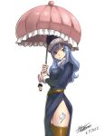  1girl 2022 bangs belt belt_buckle black_eyes blue_dress blue_hair boots breasts brown_belt brown_legwear buckle character_doll dated dress expressionless fairy_tail fur-trimmed_sleeves fur_trim hair_between_eyes highleg highres holding holding_umbrella juvia_lockser large_breasts leg_tattoo long_hair long_sleeves looking_at_viewer mashima_hiro official_art parted_lips red_umbrella shiny shiny_clothes shiny_legwear side_slit signature simple_background smile solo tattoo thigh_boots turtleneck_dress umbrella white_background 