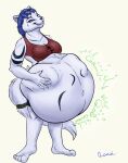  5_toes abdominal_bulge anthro belly belly_rub blue_hair bra canid canine clothing digestion digestion_noises feet female fox fur fur_markings groping_belly hair mammal markings onomatopoeia oral_vore plantigrade smile smirk solo sound_effects text toes underwear vore warlus zoe_(cakeinferno) 