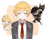  1boy axe bird black_jacket blonde_hair branch chibi formal jacket limbus_company love_mintchoco necktie project_moon red_necktie shaded_face shirt short_hair sinclair_(limbus_company) tears white_shirt yellow_eyes 