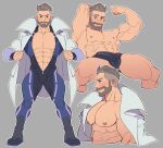  1boy abs bara bare_pectorals beard biceps black_bodysuit black_male_underwear bodysuit briefs bulge facial_hair flexing highres labcoat large_pectorals looking_at_viewer male_focus male_underwear muscular muscular_male muto20002 nipples open_bodysuit open_clothes open_labcoat pectorals pink_bodysuit pokemon pokemon_(game) pokemon_sv pose purple_bodysuit short_hair smile turo_(pokemon) undercut underwear 