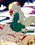  2girls :/ absurdres bamboo_print blood bow closed_mouth cloud commentary covered_eyes ex-keine fujiwara_no_mokou full_moon green_hair green_kimono hair_between_eyes hair_bow hands_on_own_chest highres horn_ornament horn_ribbon horns japanese_clothes kamishirasawa_keine kimono long_hair long_sleeves looking_at_another lying moon multiple_girls obi on_back pants puffy_sleeves red_bow red_eyes red_pants red_ribbon ribbon sash scroll seiza shirt sitting sleeve_cuffs tail touhou very_long_hair white_hair white_shirt wide_sleeves yongyu366 
