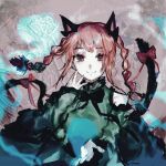  1girl animal_ears black_bow black_bowtie bow bowtie braid cat_ears cat_tail closed_mouth detached_sleeves dress fangs green_dress hair_bow hand_up heinrich_(fernanderuddle) highres hitodama kaenbyou_rin long_hair long_sleeves looking_at_viewer multiple_tails nekomata red_bow red_eyes red_hair sidelocks smile solo tail tail_bow tail_ornament touhou twin_braids two_tails upper_body 