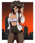  1990s_(style) 1girl absurdres blue_eyes bra breasts brown_hair brown_legwear cleavage dark-skinned_female dark_skin english_commentary gradient_sky gun gunsmith_cats highres holding holding_gun holding_weapon navel night pantyhose peachyboi rally_vincent retro_artstyle short_hair sky skyline underwear weapon 