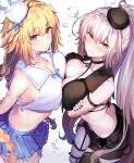  2girls arm_strap bangs black_collar black_headwear black_nails black_shorts blonde_hair blue_eyes blue_skirt blush breasts choker cleavage collar commentary_request crossed_legs docking eyebrows_visible_through_hair fate/grand_order fate_(series) from_above grey_hair highres jeanne_d&#039;arc_(fate) jeanne_d&#039;arc_alter_(fate) large_breasts long_hair looking_at_viewer looking_up miniskirt multiple_girls ninoude_(ninoude44) pleated_skirt ponytail short_shorts shorts skirt smile thigh_strap white_background white_choker white_headwear yellow_eyes 
