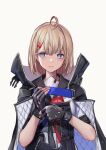  1girl acr_(girls&#039;_frontline) ahoge arm_up assault_rifle bangs black_gloves blonde_hair blue_eyes bushmaster_acr closed_mouth dress eyebrows_visible_through_hair girls&#039;_frontline gloves gun hair_ornament hairclip highres holding holding_gun holding_weapon jacket jacket_on_shoulders light_blush lips lithographica looking_at_viewer medium_hair mole mole_under_eye open_clothes open_jacket rifle short_sleeves solo upper_body weapon white_background white_dress white_jacket 
