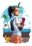  1girl absurdres backpack bag black_bag black_hair border brown_eyes cloud collared_shirt commentary_request day freckles gloves green_hair hand_up highres holding_strap kun_(user_tmwh7453) looking_to_the_side multicolored_hair necktie nemona_(pokemon) orange_necktie orange_shorts outdoors palm_tree parted_lips pawmi pokemon pokemon_(creature) pokemon_(game) pokemon_sv ponytail red_gloves shirt short_sleeves shorts sky streaked_hair tree white_border white_shirt 