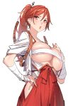  1girl :o bandaged_arm bandaged_hand bandages bangs blush breasts brown_eyes collarbone commentary_request from_side hair_between_eyes hair_ornament hand_on_hip large_breasts long_hair looking_at_viewer open_mouth original ponytail popqn red_hair red_skirt simple_background skirt solo white_background 