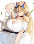  1girl bangs belt blonde_hair blush breasts cleavage collarbone dress fairy_knight_gawain_(fate) fate/grand_order fate_(series) horns large_breasts long_hair looking_at_viewer one_eye_closed red_eyes short_sleeves smile solo suminagashi white_dress 