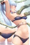  1girl armpits arms_up artist_name bangs blue_bra blue_panties blunt_bangs blush bow bow_panties bra bra_pull breasts closed_eyes clothes_pull flower_knot forest from_side genshin_impact hair_ribbon highres kamisato_ayaka kimoshi light_blue_hair long_hair medium_breasts motion_blur nature navel nipple_tweak open_mouth panties plant ponytail restrained ribbon sky tentacles thighhighs tongue tongue_out tress_ribbon underwear vines white_legwear 