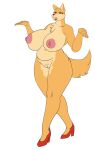  anthro big_breasts breasts brown_eyes canid canine canis carsen domestic_dog fangs female fluffy fluffy_tail fur genitals hi_res mammal multicolored_body multicolored_fur nipples open_mouth pussy simple_background solo tongue two_tone_body two_tone_fur yellow_body yellow_fur 