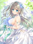  1girl ameto_yuki armpits bare_back bare_shoulders blonde_hair blush bouquet breasts breasts_out bridal_veil bride closed_mouth colored_skin dress ear_focus flower green_hair hair_between_eyes hair_flower hair_ornament jewelry lace lace-trimmed_dress lace_trim large_breasts long_hair looking_at_viewer original pointy_breasts ribbon sideboob skirt sleeveless smile veil very_long_hair wedding_dress white_dress white_skin white_skirt 