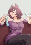  1girl :d agnes_tachyon_(umamusume) animal_ears bangs bare_shoulders black_pants brown_eyes brown_hair cup drinking_straw earrings grey_background holding holding_cup horse_ears horse_girl jewelry kara_foo long_sleeves milkshake necklace off-shoulder_shirt off_shoulder open_mouth pants purple_shirt shirt short_hair sitting smile solo umamusume 