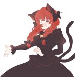  1girl ;3 animal_ears black_bow blush bow braid cat_ears cat_tail dress hair_bow hair_over_shoulder highres kaenbyou_rin laridaee light_blush light_smile long_hair long_sleeves looking_at_viewer multiple_tails nekomata one_eye_closed outstretched_arm puffy_sleeves red_eyes red_hair simple_background solo tail touhou twin_braids white_background 