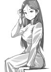  1girl adjusting_hair arm_support breasts bubblycrablos concept_art earrings english_commentary feet_out_of_frame from_side greyscale hair_over_shoulder hair_strand highres jewelry korean_commentary long_hair long_sleeves looking_at_viewer looking_to_the_side medium_breasts monochrome original pantylines pearl_earrings sitting smile solo vietnamese_dress 