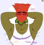  bed clothed clothing collar elemental_creature elemental_humanoid flora_fauna flower flower_petals furniture green_body hi_res humanoid kouh lying male muscular petals plant plant_humanoid rose_(flower) rose_petals sleeping solo sound_effects zzz 