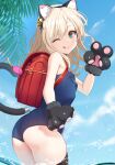 1girl absurdres animal_ear_fluff animal_ears animal_hands ass backpack bag bangs bare_shoulders beach bell black_gloves blonde_hair blue_eyes blue_sky blue_swimsuit blush borrowed_character breasts cat_ears cat_tail chocpocalypse closed_mouth day eyebrows_visible_through_hair fake_animal_ears fake_tail gloves hair_ornament highres jingle_bell leaf licking_lips long_hair looking_at_viewer looking_back ocean one-piece_swimsuit one_eye_closed original outdoors palm_leaf palm_tree paw_gloves paw_pose randoseru school_swimsuit sky small_breasts smile solo swimsuit tail thighhighs tongue tongue_out tree wading water 