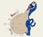  abdominal_bulge anthro belly big_belly blue_body blue_fur colored_nails digestion digestion_noises digitigrade fatal_vore felid fur male mammal nails nude open_mouth oral_vore pantherine pawpads quasi_(warlus) skull_and_crossbones solo stretching tan_body tan_fur tiger vore warlus 