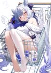  1girl absurdres angel_wings bangs barefoot blush bow closed_eyes demon_wings drooling feet grey_hair hair_ribbon highres horns hug in_shopping_cart long_hair multicolored_hair nahaki11 no_shoes object_hug off_shoulder open_mouth original pointy_ears purple_hair ribbon saliva see-through see-through_legwear shadow shopping_cart single_thighhigh sleeping solo stuffed_toy thighhighs thighs toes twintails two-tone_hair very_long_hair white_legwear wings 