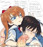  age_difference bisexual_male black_hair blue_eyes bunny_ears_prank cooperative_fellatio cum cum_in_mouth fellatio group_sex highres ikari_shinji interface_headset irrumatio looking_at_viewer mmf_threesome neon_genesis_evangelion oral orange_hair pov pov_crotch red_hair souryuu_asuka_langley speech_bubble t045t33r teenage threesome 