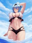  1girl arm_up aztodio bikini black_hairband blue_hair blush breasts butterfly_hair_ornament cleavage cloud cloudy_sky covered_nipples cowboy_shot eula_(genshin_impact) eyebrows_behind_hair frilled_bikini frills genshin_impact hair_between_eyes hair_ornament hairband large_breasts long_hair multi-strapped_bikini navel ocean open_mouth partially_submerged patreon_username sky solo stomach swimsuit thighs two-tone_bikini water wet yellow_eyes 