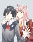  1boy 1girl ascot black_hair blue_eyes closed_eyes darling_in_the_franxx facing_viewer gloves grey_background headband hetero hiro_(darling_in_the_franxx) holding_hands horns kiki0001616 light_smile long_hair long_sleeves looking_at_another military military_uniform oni_horns orange_ascot red_horns uniform white_gloves white_headband zero_two_(darling_in_the_franxx) 