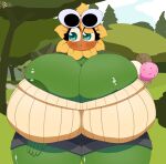  big_breasts bottomwear breasts clothed clothing dessert elemental_creature elemental_humanoid eyewear female flora_fauna flower food glasses green_body hi_res huge_breasts humanoid ice_cream kouh outside petals plant plant_humanoid shirt shorts solo sunflower topwear 