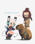  ambiguous_gender capybara caviid clothed clothing dialogue english_text eyewear female feral glasses group hi_res human humanoid leash machine mammal petting porforever robot robot_humanoid rodent text trio 