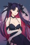  1girl bangs black_bow black_dress bow breasts collarbone colored_inner_hair danxing_aipangzi dress earrings fate/grand_order fate_(series) hair_bow highres jewelry large_breasts light_blue_eyes long_hair multicolored_hair parted_lips purple_hair red_hair solo standing tohsaka_rin 