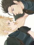  2boys arm_around_back armor belt black_hair blonde_hair blue_eyes blue_shirt cloud_strife earrings final_fantasy final_fantasy_vii hair_slicked_back jewelry multiple_boys parted_lips scar scar_on_cheek scar_on_face shirt shoulder_armor single_earring sleeveless sleeveless_turtleneck smile spiked_hair suspenders turtleneck upper_body user_apdg4354 zack_fair 