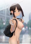  1girl black_hair breasts clothed_male_nude_female completely_nude douki-chan_(douki-chan) exhibitionism ganbare_douki-chan highres looking_at_viewer nipples no_bra no_panties non-web_source nude outdoors public_indecency public_nudity rain solo umbrella uncensored 