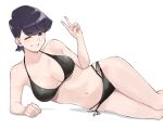  1girl ayatak0517 bikini black_bikini black_eyes black_hair blush breasts cleavage eyebrows_visible_through_hair feet_out_of_frame grin halterneck highres komi-san_wa_komyushou_desu komi_shuuko large_breasts looking_at_viewer lying navel on_side one_eye_closed short_hair side-tie_bikini simple_background smile solo swimsuit v white_background 