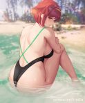 1girl ass aztodio back bangs bare_shoulders beach black_swimsuit blush breasts highleg highleg_swimsuit knees_up large_breasts looking_at_viewer looking_back one-piece_swimsuit pyra_(xenoblade) red_eyes red_hair shore short_hair sideboob sitting smile solo swept_bangs swimsuit tiara xenoblade_chronicles_(series) xenoblade_chronicles_2 
