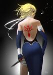  1girl ass back back_tattoo bandages blonde_hair braid cuts dark_skin dress duoj_ji gloves highres injury knife looking_at_viewer pointy_ears red_eyes sheik sheikah short_hair solo tattoo the_legend_of_zelda the_legend_of_zelda:_ocarina_of_time weapon 