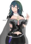  1girl armlet armor bangs black_armor blue_eyes blue_hair breasts brown_legwear bustier byleth_(fire_emblem) byleth_(fire_emblem)_(female) capelet cleavage cloak clothing_cutout dagger fire_emblem fire_emblem:_three_houses floral_print hair_between_eyes highres knife large_breasts legwear_under_shorts navel_cutout one_eye_closed pantyhose patterned_legwear print_legwear shorts tassel turtleneck user_yjrm8472 vambraces weapon 