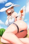  1girl absurdres alcohol aponia_(honkai_impact) ass bikini blue_eyes blue_sky breasts brown_hair cleavage closed_mouth cloud cloudy_sky cup drinking_glass food fruit hat highres holding holding_cup honkai_(series) honkai_impact_3rd looking_at_viewer mole mole_under_eye outdoors sand sky smile solo straw_hat surfboard swimsuit tongatsu101 watermelon white_bikini white_headwear wine wine_glass 