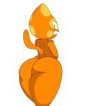  2020 5:6 anthro big_butt biped black_eyes bloocherrypie blush butt cute_fangs domestic_cat felid feline felis fur hi_res looking_at_viewer looking_back looking_back_at_viewer male mammal markings orange_body orange_fur raised_tail rear_view simple_background solo spots spotted_markings thick_thighs white_background 