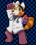 2022 absurd_res ambiguous_gender anthro auria_jansson bewear black_background blue_background blue_body blue_fur checkered_background cheek_spots clothing coat cosplay dipstick_ears doctor dr._mario_(character) facial_markings full-length_portrait fur green_eyes head_markings hi_res lab_coat mammal markings medical_instrument multicolored_ears nintendo open_mouth orange_body orange_fur pattern_background pok&eacute;mon pok&eacute;mon_(species) portrait red_body red_fur scientific_instrument screamoshaymin signature simple_background solo standing stethoscope striped_markings striped_tail stripes tail_markings topwear trans_(lore) trans_woman_(lore) ursid video_games white_body white_fur 