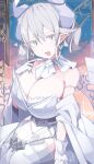  1girl breasts cleavage dress duel_monster earrings garter_straps gloves highres horns jewelry labrynth_of_the_silver_castle large_breasts pointy_ears sakuragi_raia see-through see-through_dress thighhighs white_dress white_eyes white_gloves white_hair yu-gi-oh! 