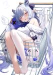  1girl absurdres angel_wings bangs barefoot blush bow closed_eyes demon_wings drooling feet grey_hair hair_ribbon highres horns hug in_shopping_cart long_hair multicolored_hair nahaki no_shoes object_hug off_shoulder open_mouth original pointy_ears purple_hair ribbon saliva see-through see-through_legwear shadow shopping_cart single_thighhigh sleeping solo stuffed_toy thighhighs thighs toes twintails two-tone_hair very_long_hair white_legwear wings 