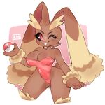  anthro big_breasts blush breasts brown_body cleavage clothed clothing female fur hi_res lagomorph leotard looking_at_viewer lopunny mammal nintendo one_eye_closed pok&eacute;mon pok&eacute;mon_(species) punkinbuu simple_background smile solo video_games wink 