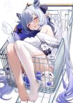  1girl absurdres angel_wings bangs barefoot blush bow closed_eyes demon_wings drooling feet grey_hair hair_ribbon highres horns hug in_shopping_cart long_hair multicolored_hair nahaki no_shoes object_hug off_shoulder open_mouth original pointy_ears purple_hair revision ribbon saliva see-through see-through_legwear shadow shopping_cart single_thighhigh sleeping solo stuffed_toy thighhighs thighs toes twintails two-tone_hair very_long_hair white_legwear wings 